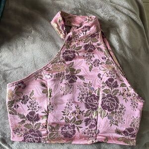 Light Pink Satin High Neck Asymmetric Crop Top